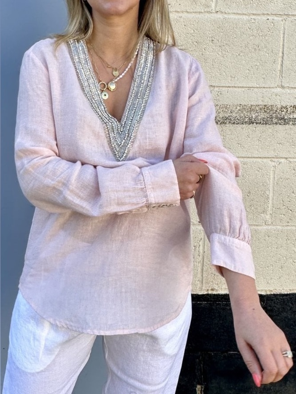 120% Lino  Embellished V-Neck Pink Linen Tunic Top